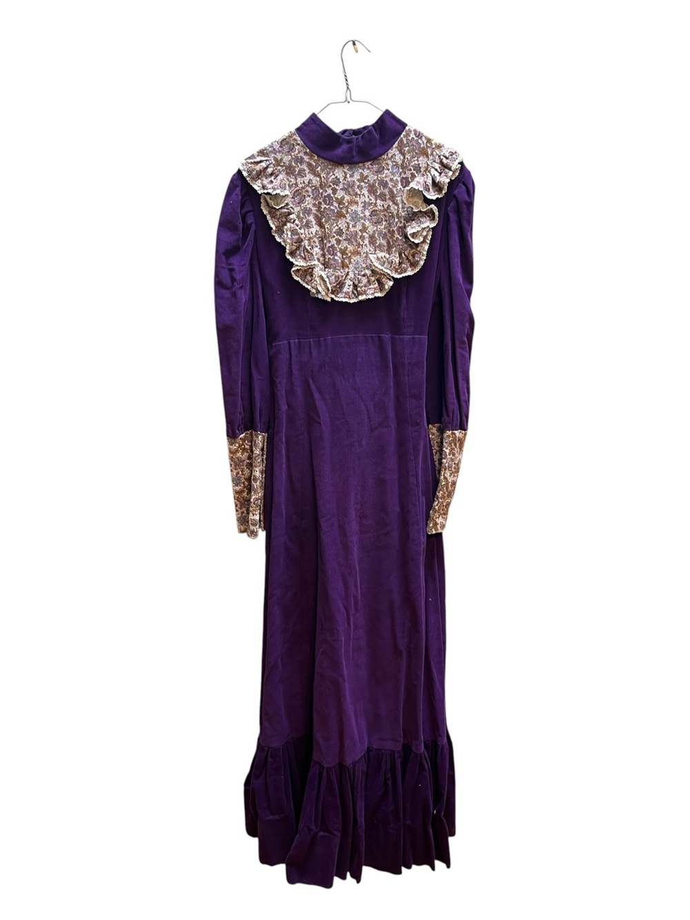 Woman’s vintage 70’s corduroy Purple Maxi Dress with Floral Bib
